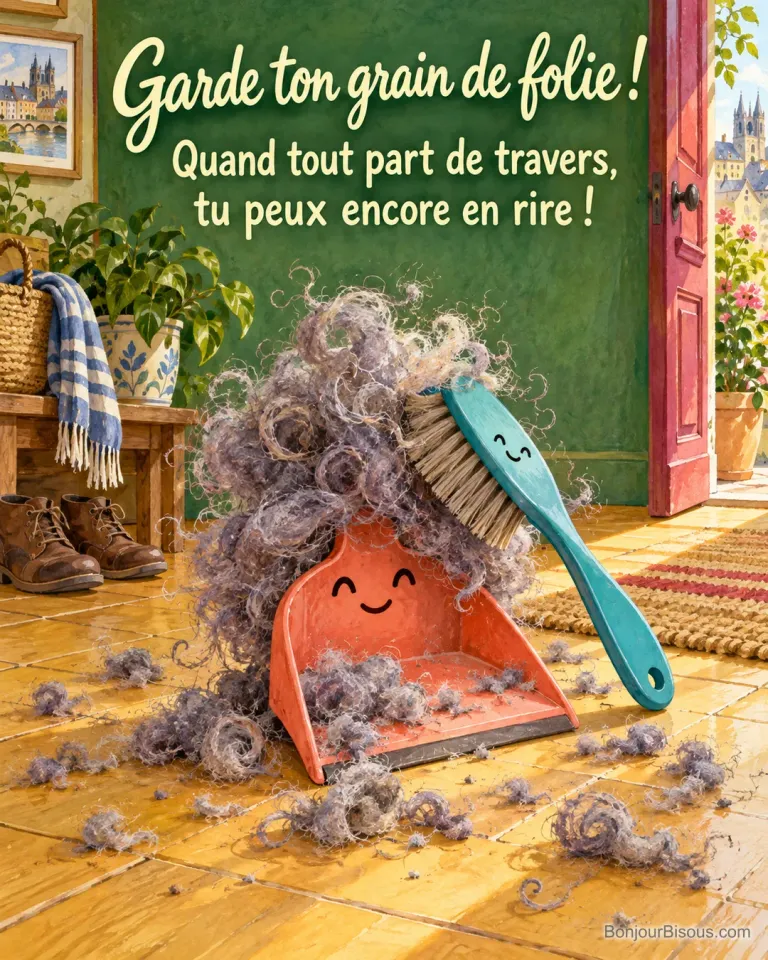 Une pelle à poussière souriante porte une énorme perruque de moutons de poussière, avec le message « Garde ton grain de folie ! Quand tout part de travers, tu peux encore en rire ! ».
