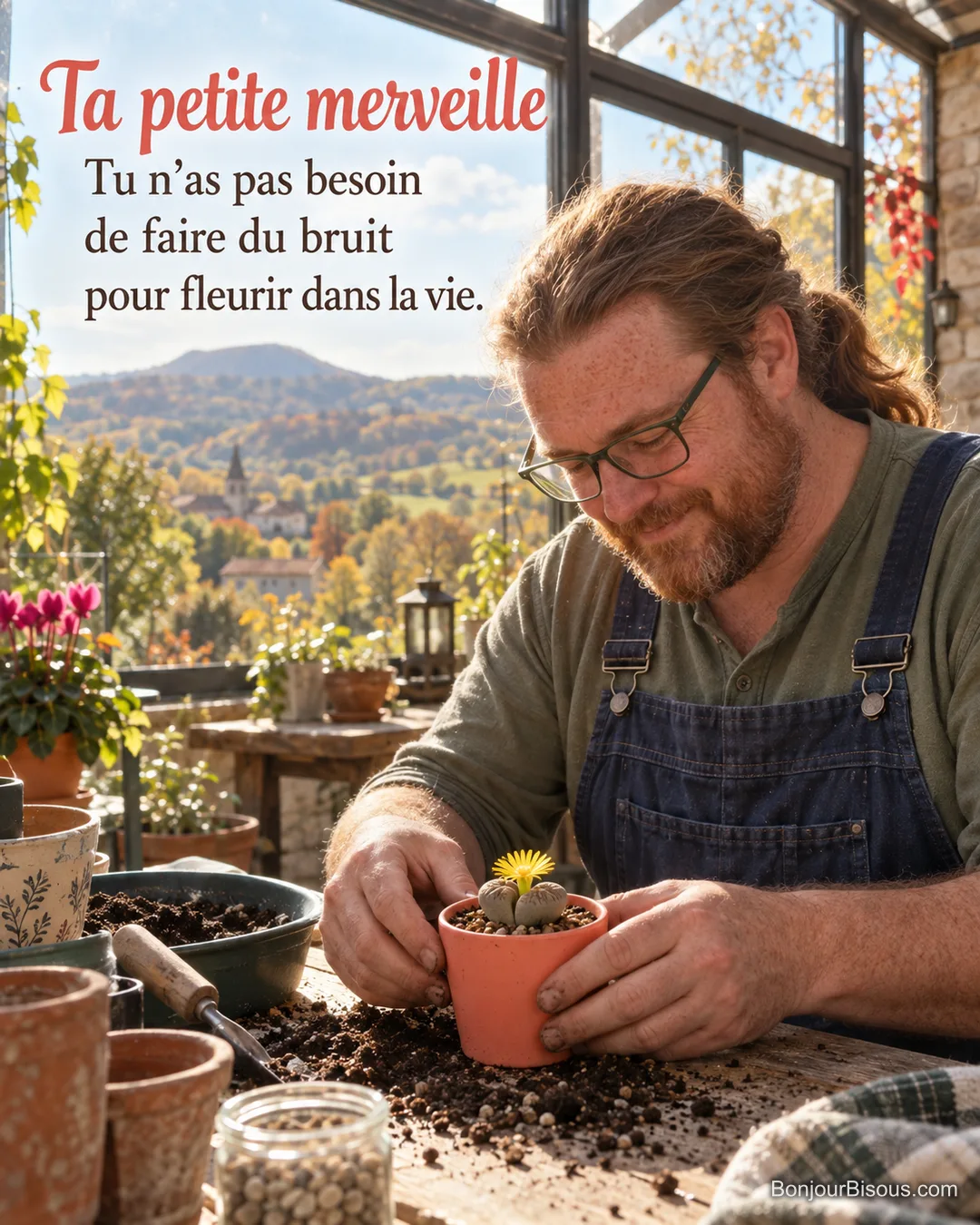 Un jardinier aux cheveux auburn rempote avec douceur un petit lithops portant une seule fleur jaune, avec le texte « Ta petite merveille Tu n’as pas besoin de faire du bruit pour fleurir dans la vie. ».