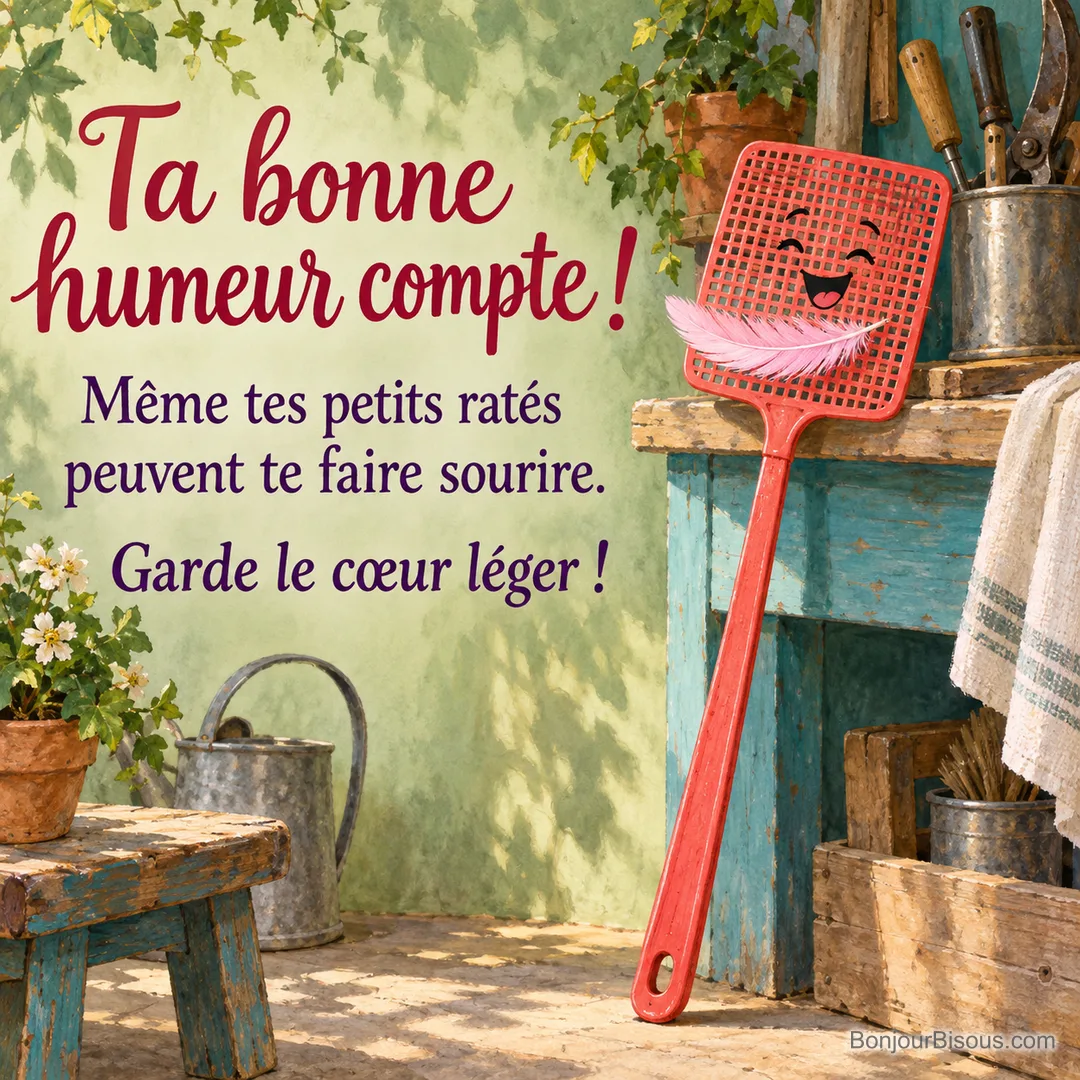 Un chasse-mouche rouge arbore une plume rose sous son sourire dans une scène peinte pleine d’humour, avec le texte « Ta bonne humeur compte ! Même tes petits ratés peuvent te faire sourire. Garde le cœur léger ! ».