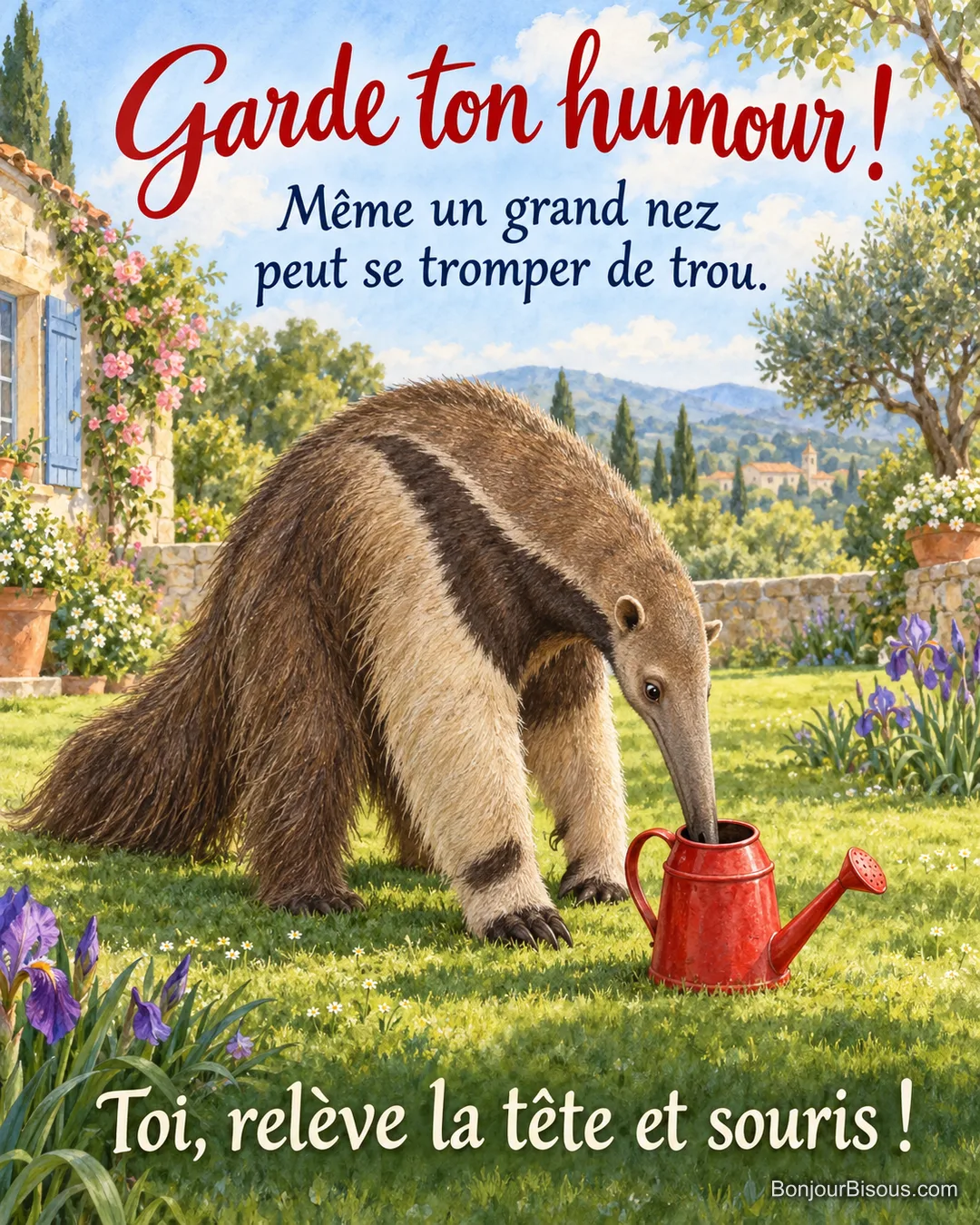 Un tamanoir curieux a glissé le bout de son long museau dans l’ouverture d’un petit arrosoir rouge. Le message est : « Garde ton humour ! Même un grand nez peut se tromper de trou. Toi, relève la tête et souris ! ». Un tamanoir curieux a glissé le bout de son long museau dans l’ouverture d’un petit arrosoir rouge. Le message est : « Garde ton humour ! Même un grand nez peut se tromper de trou. Toi, relève la tête et souris ! ».