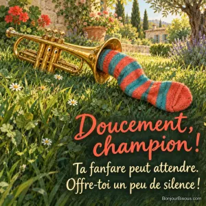 Une trompette dorée a une grande chaussette rayée enfoncée dans son pavillon, comme une sourdine amusante. Le message est : « Doucement, champion ! Ta fanfare peut attendre. Offre-toi un peu de silence ! ».