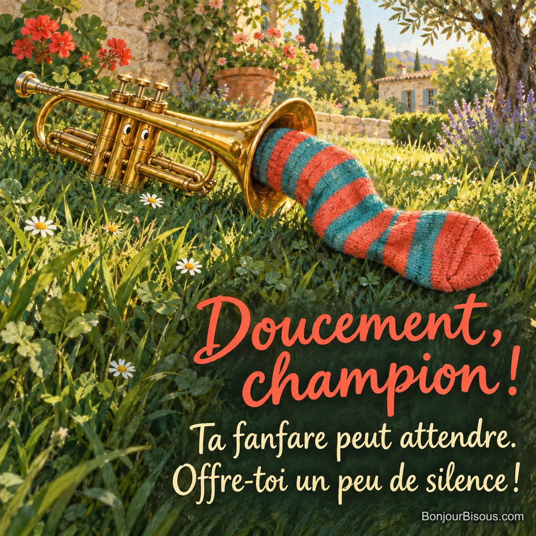 Une trompette dorée a une grande chaussette rayée enfoncée dans son pavillon, comme une sourdine amusante. Le message est : « Doucement, champion ! Ta fanfare peut attendre. Offre-toi un peu de silence ! ».
