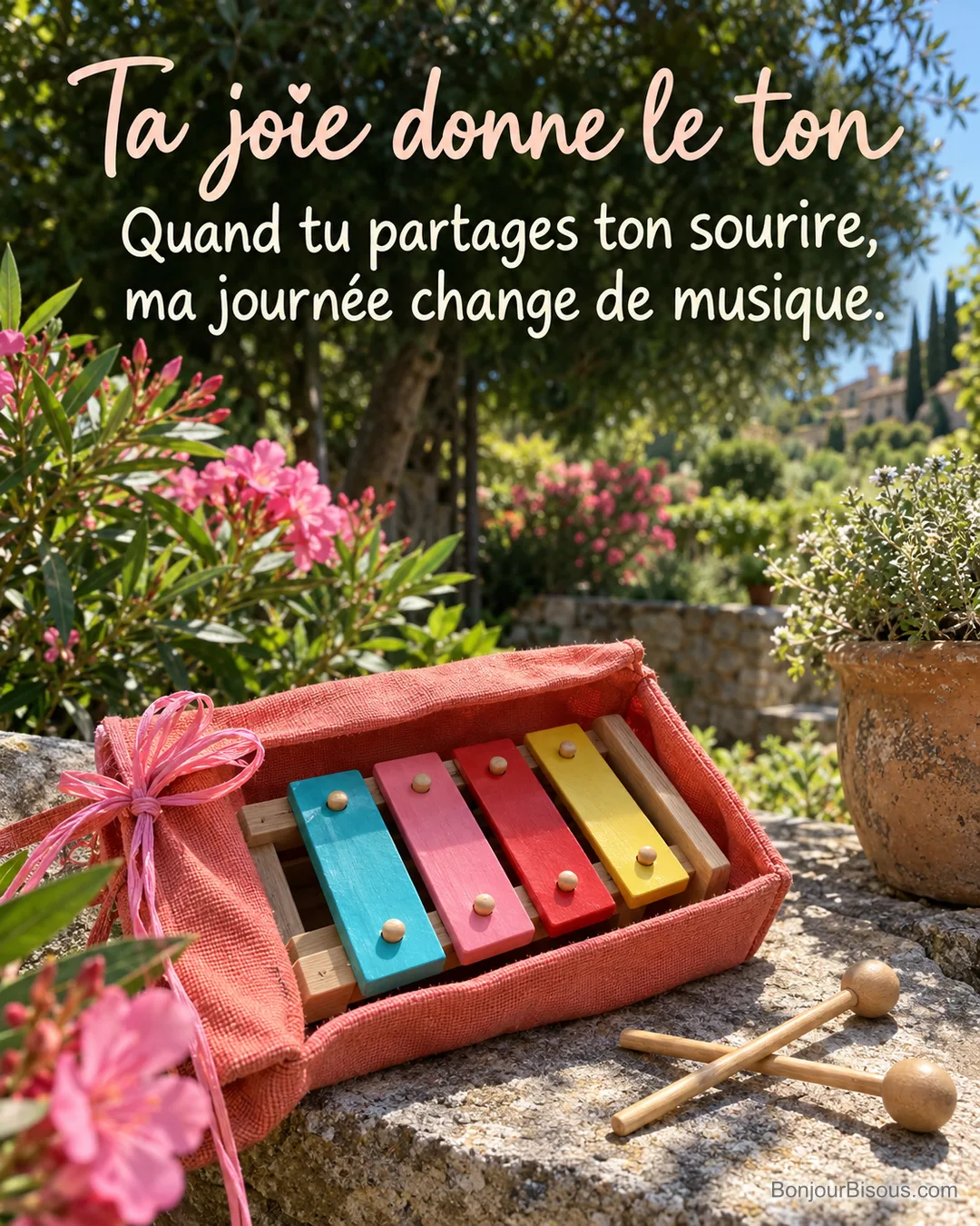 Un petit xylophone de bois coloré et deux mailloches sont offerts dans une housse corail ouverte. Le message est : « Ta joie donne le ton Quand tu partages ton sourire, ma journée change de musique. ».