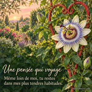 Une passiflore bleue s’appuie par ses vrilles sur un treillis rouge en forme de cœur. Le message est : « Une pensée qui voyage Même loin de moi, tu restes dans mes plus tendres habitudes. ».