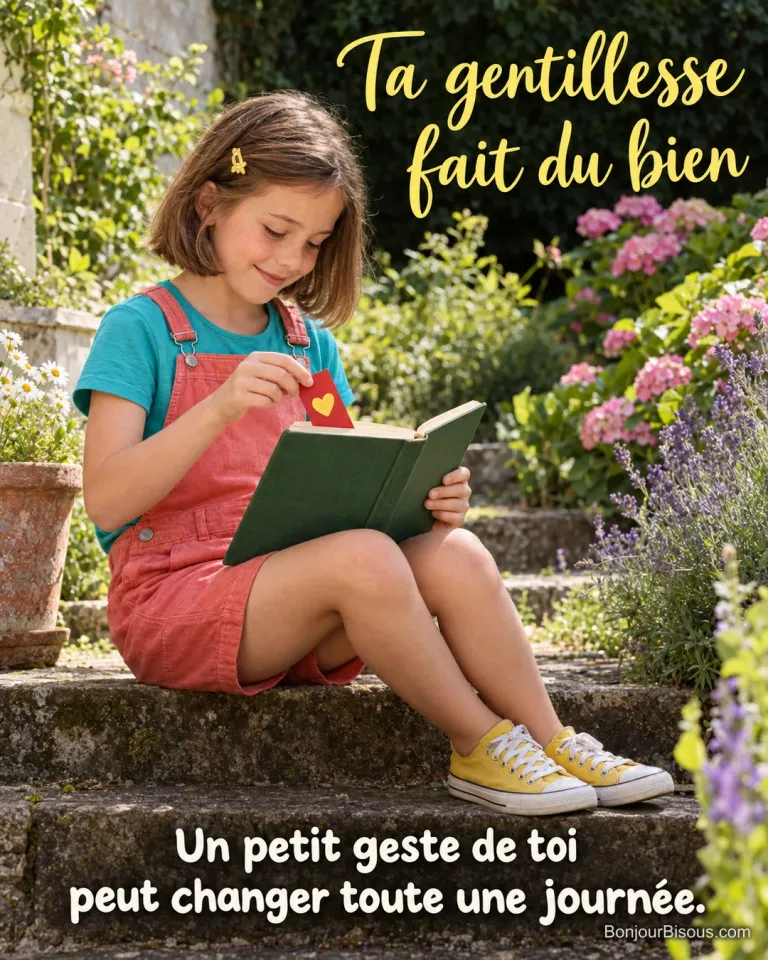 Une fillette prépare un marque-page rouge dans un livre qu’elle veut offrir. Le message est : « Ta gentillesse fait du bien Un petit geste de toi peut changer toute une journée. ».