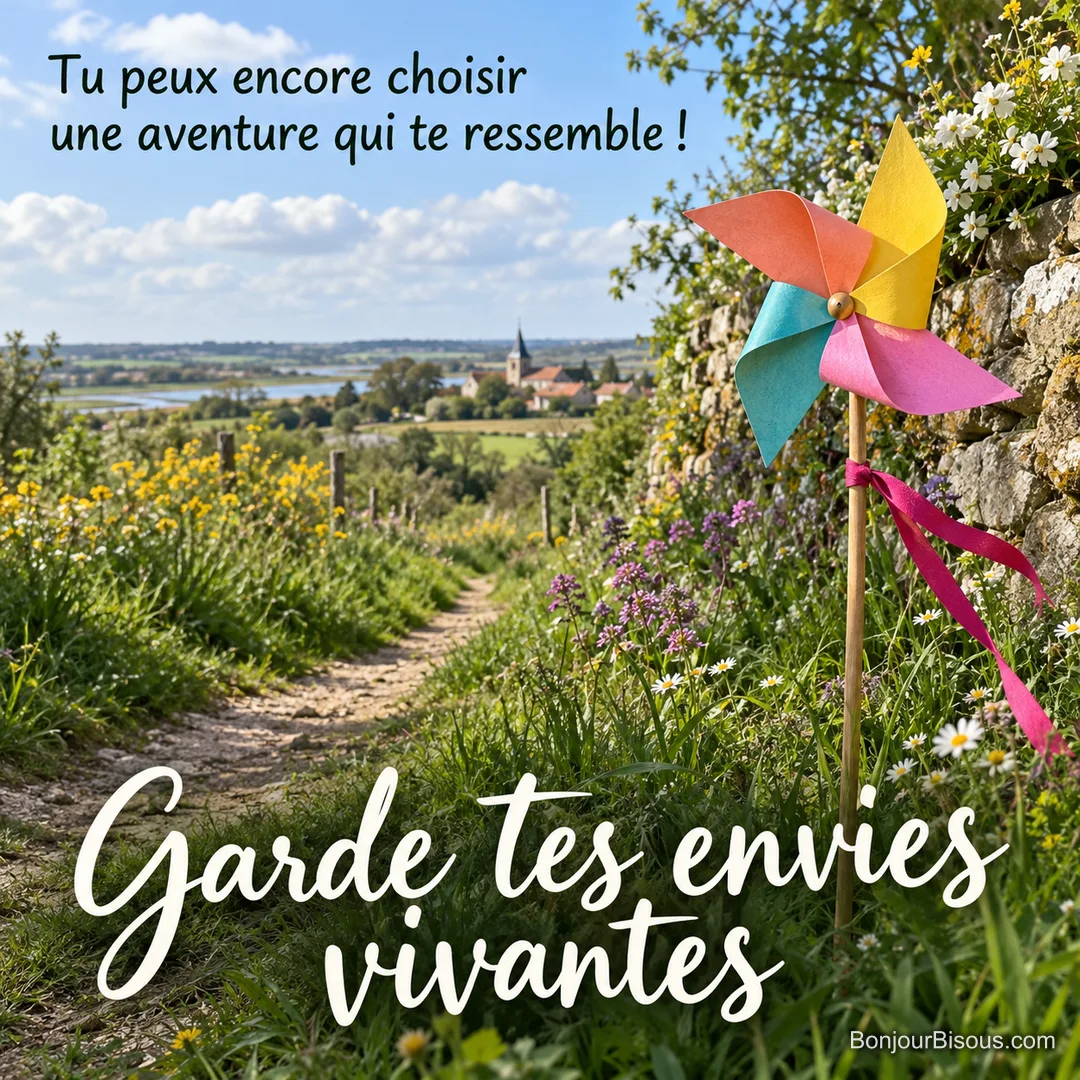 Un moulin à vent de papier multicolore se dresse au bord d’un chemin lumineux. Le message est : « Garde tes envies vivantes Tu peux encore choisir une aventure qui te ressemble ! ».