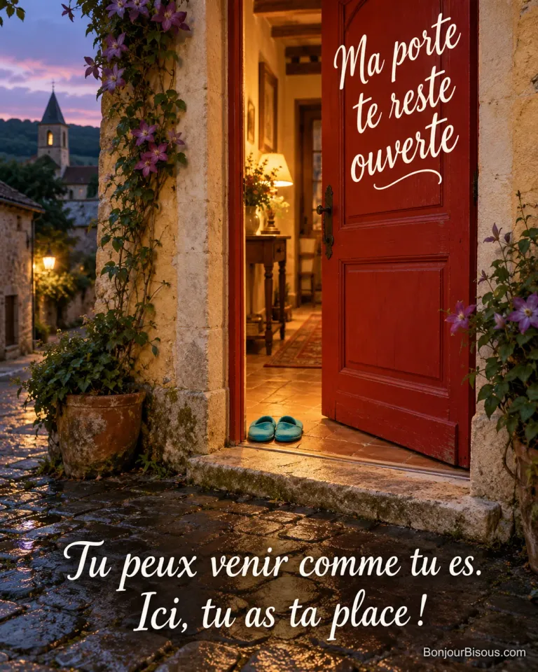 Une porte rouge grande ouverte et des chaussons préparés invitent une personne chère à entrer. Le message est : « Ma porte te reste ouverte Tu peux venir comme tu es. Ici, tu as ta place ! ».