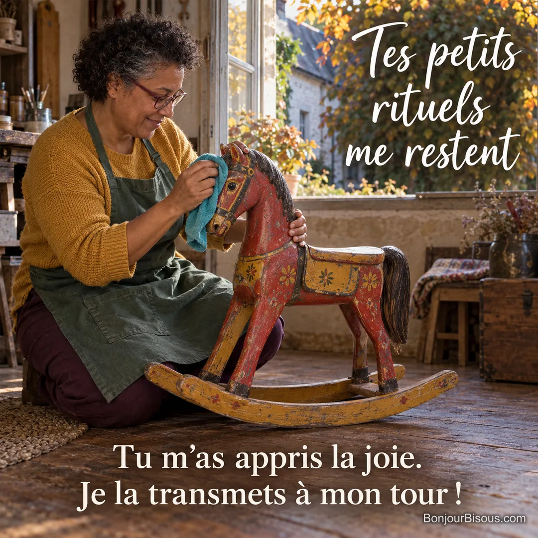 Une femme prend soin du cheval à bascule de son enfance pour le transmettre. Le message est : « Tes petits rituels me restent Tu m’as appris la joie. Je la transmets à mon tour ! ».