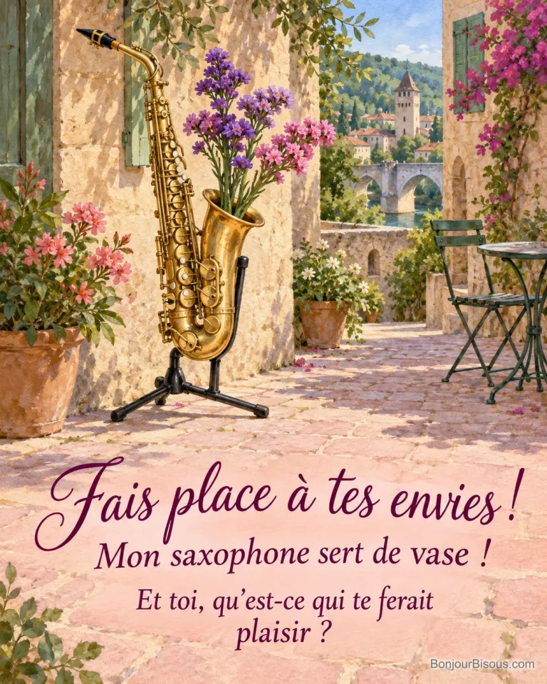 Trois tiges de statice rose et violet sortent du pavillon d’un saxophone transformé en vase dans une cour. Le message est : « Fais place à tes envies ! Mon saxophone sert de vase ! Et toi, qu’est-ce qui te ferait plaisir ? ».
