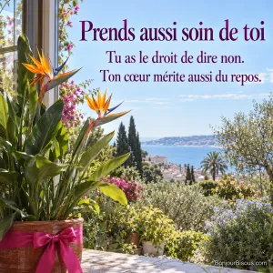Un strelitzia à deux fleurs orange et bleu est offert dans un cache-pot entouré d’un ruban fuchsia. Le message est : « Prends aussi soin de toi Tu as le droit de dire non. Ton cœur mérite aussi du repos. ».
