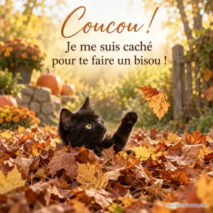 Photo d’un chaton noir aux yeux jaunes qui sort d’un tas de feuilles d’automne en tendant la patte vers une feuille, citrouilles en arrière-plan, avec le texte « Coucou ! Je me suis caché pour te faire un bisou ! »