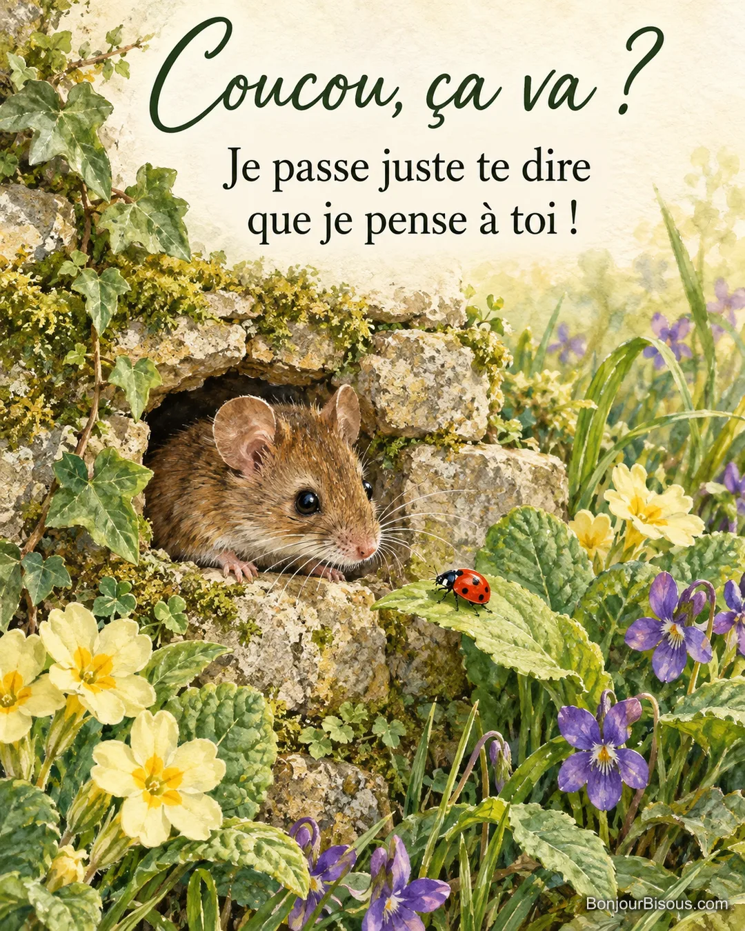 Aquarelle d’une souris des champs qui sort la tête d’un trou dans un mur de pierres moussues, une coccinelle sur une feuille, primevères et violettes, avec le texte « Coucou, ça va ? Je passe juste te dire que je pense à toi ! » Aquarelle d’une souris des champs qui sort la tête d’un trou dans un mur de pierres moussues, une coccinelle sur une feuille, primevères et violettes, avec le texte « Coucou, ça va ? Je passe juste te dire que je pense à toi ! »