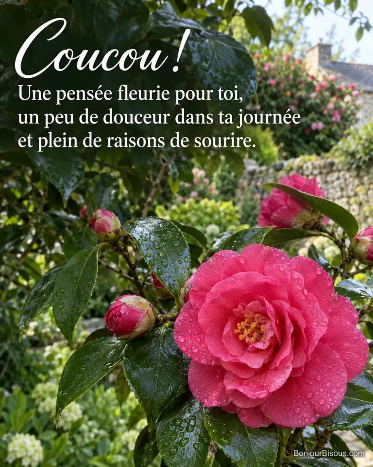 Un camélia rose vif couvert de gouttes s’ouvre sur un feuillage vert brillant, avec le texte « Coucou ! Une pensée fleurie pour toi, un peu de douceur dans ta journée et plein de raisons de sourire. »