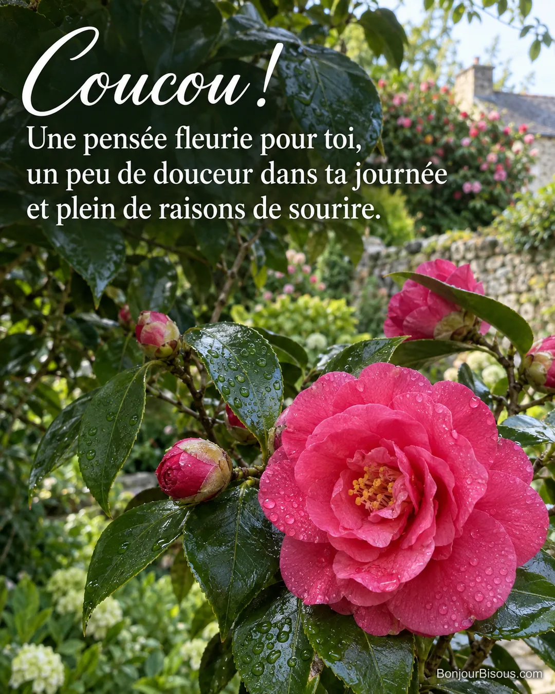 Un camélia rose vif couvert de gouttes s’ouvre sur un feuillage vert brillant, avec le texte « Coucou ! Une pensée fleurie pour toi, un peu de douceur dans ta journée et plein de raisons de sourire. » Un camélia rose vif couvert de gouttes s’ouvre sur un feuillage vert brillant, avec le texte « Coucou ! Une pensée fleurie pour toi, un peu de douceur dans ta journée et plein de raisons de sourire. »