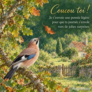 Un geai des chênes passe la tête entre deux branches et observe une feuille qui danse, avec le texte « Coucou toi ! Je t’envoie une pensée légère pour que ta journée s’envole vers de jolies surprises. »