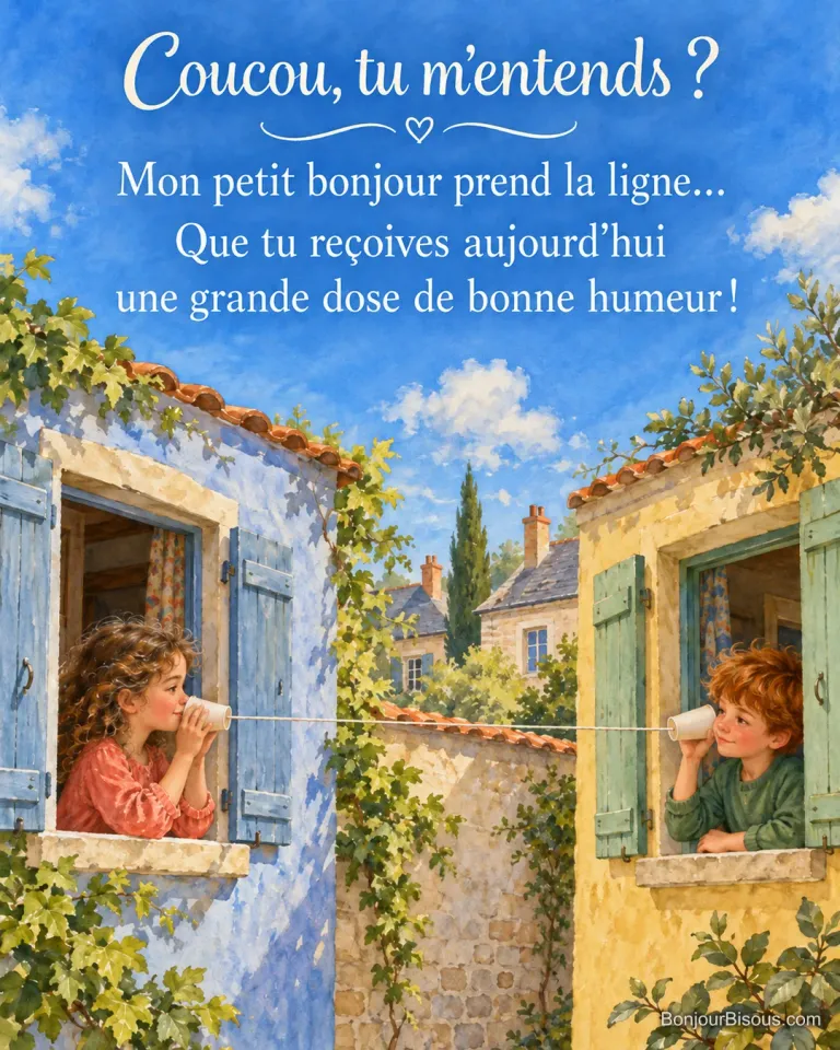 Deux enfants se parlent avec un téléphone à ficelle entre deux fenêtres voisines, avec le texte « Coucou, tu m’entends ? Mon petit bonjour prend la ligne… Que tu reçoives aujourd’hui une grande dose de bonne humeur ! »