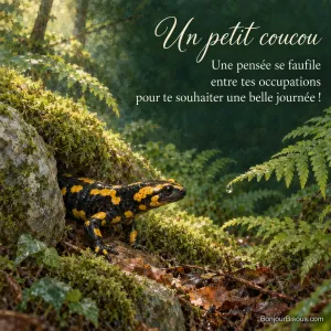 Une salamandre tachetée de jaune sort doucement entre des pierres moussues dans un sous-bois, avec le texte « Un petit coucou Une pensée se faufile entre tes occupations pour te souhaiter une belle journée ! »