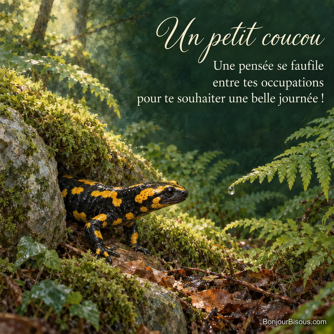 Une salamandre tachetée de jaune sort doucement entre des pierres moussues dans un sous-bois, avec le texte « Un petit coucou Une pensée se faufile entre tes occupations pour te souhaiter une belle journée ! » Une salamandre tachetée de jaune sort doucement entre des pierres moussues dans un sous-bois, avec le texte « Un petit coucou Une pensée se faufile entre tes occupations pour te souhaiter une belle journée ! »