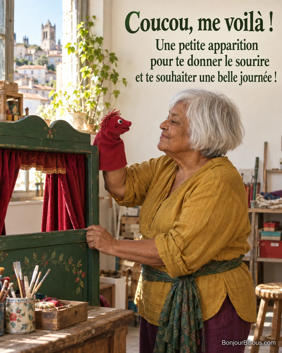 Une animatrice fait apparaître une marionnette rouge dans un petit théâtre en bois vert, avec le texte « Coucou, me voilà ! Une petite apparition pour te donner le sourire et te souhaiter une belle journée ! ». Une animatrice fait apparaître une marionnette rouge dans un petit théâtre en bois vert, avec le texte « Coucou, me voilà ! Une petite apparition pour te donner le sourire et te souhaiter une belle journée ! ».
