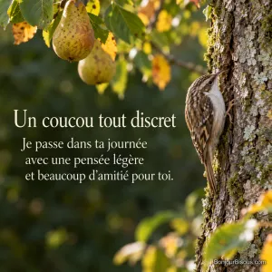 Un grimpereau des jardins longe l’écorce d’un poirier dans un verger aux feuilles dorées, avec le texte « Un coucou tout discret Je passe dans ta journée avec une pensée légère et beaucoup d’amitié pour toi. ».