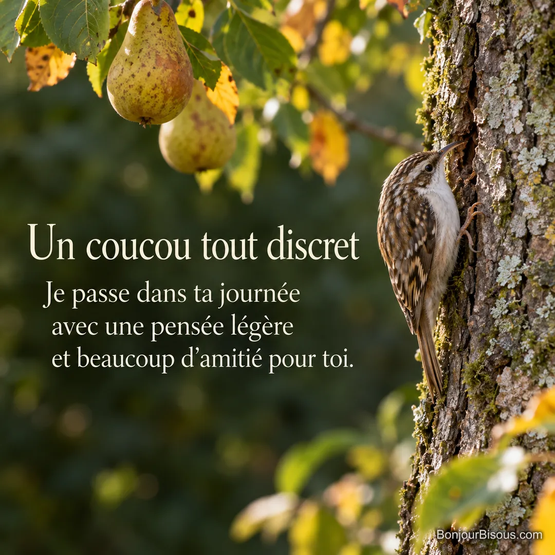 Un grimpereau des jardins longe l’écorce d’un poirier dans un verger aux feuilles dorées, avec le texte « Un coucou tout discret Je passe dans ta journée avec une pensée légère et beaucoup d’amitié pour toi. ». Un grimpereau des jardins longe l’écorce d’un poirier dans un verger aux feuilles dorées, avec le texte « Un coucou tout discret Je passe dans ta journée avec une pensée légère et beaucoup d’amitié pour toi. ».