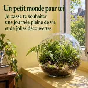 Une petite fougère se penche hors de l’ouverture d’un terrarium de verre près d’une fenêtre, avec le texte « Un petit monde pour toi Je passe te souhaiter une journée pleine de vie et de jolies découvertes. ».