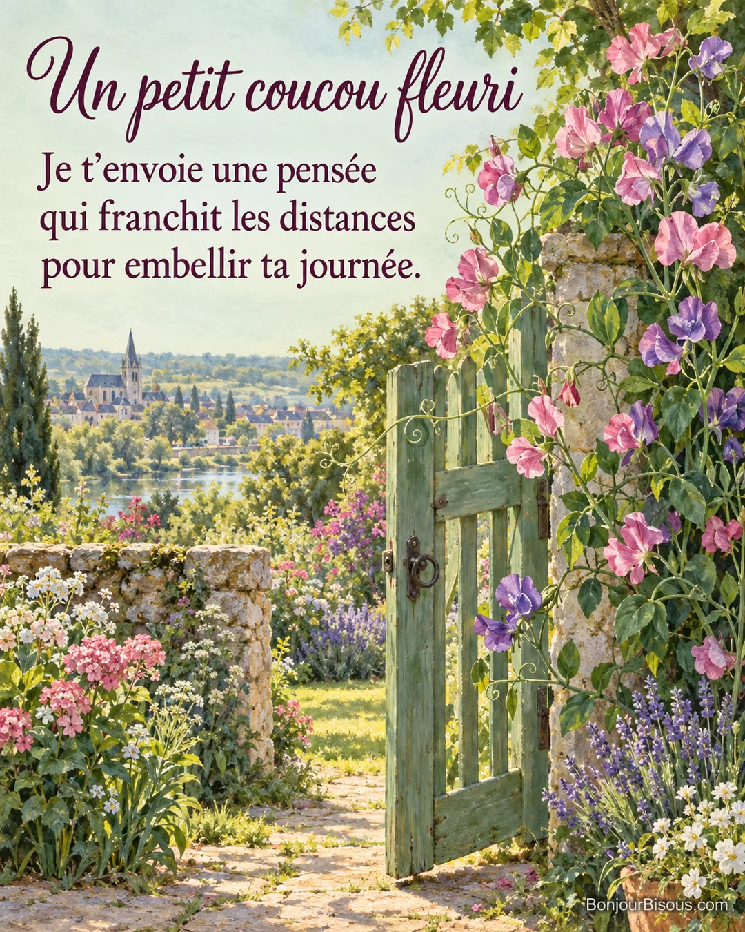 Des pois de senteur roses et violets fleurissent sur un portillon de jardin entrouvert, avec le texte « Un petit coucou fleuri Je t’envoie une pensée qui franchit les distances pour embellir ta journée. ». Des pois de senteur roses et violets fleurissent sur un portillon de jardin entrouvert, avec le texte « Un petit coucou fleuri Je t’envoie une pensée qui franchit les distances pour embellir ta journée. ».