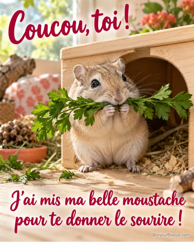 Une mérione persane tient un brin de persil comme une grande moustache, avec le texte « Coucou, toi ! J’ai mis ma belle moustache pour te donner le sourire ! ».