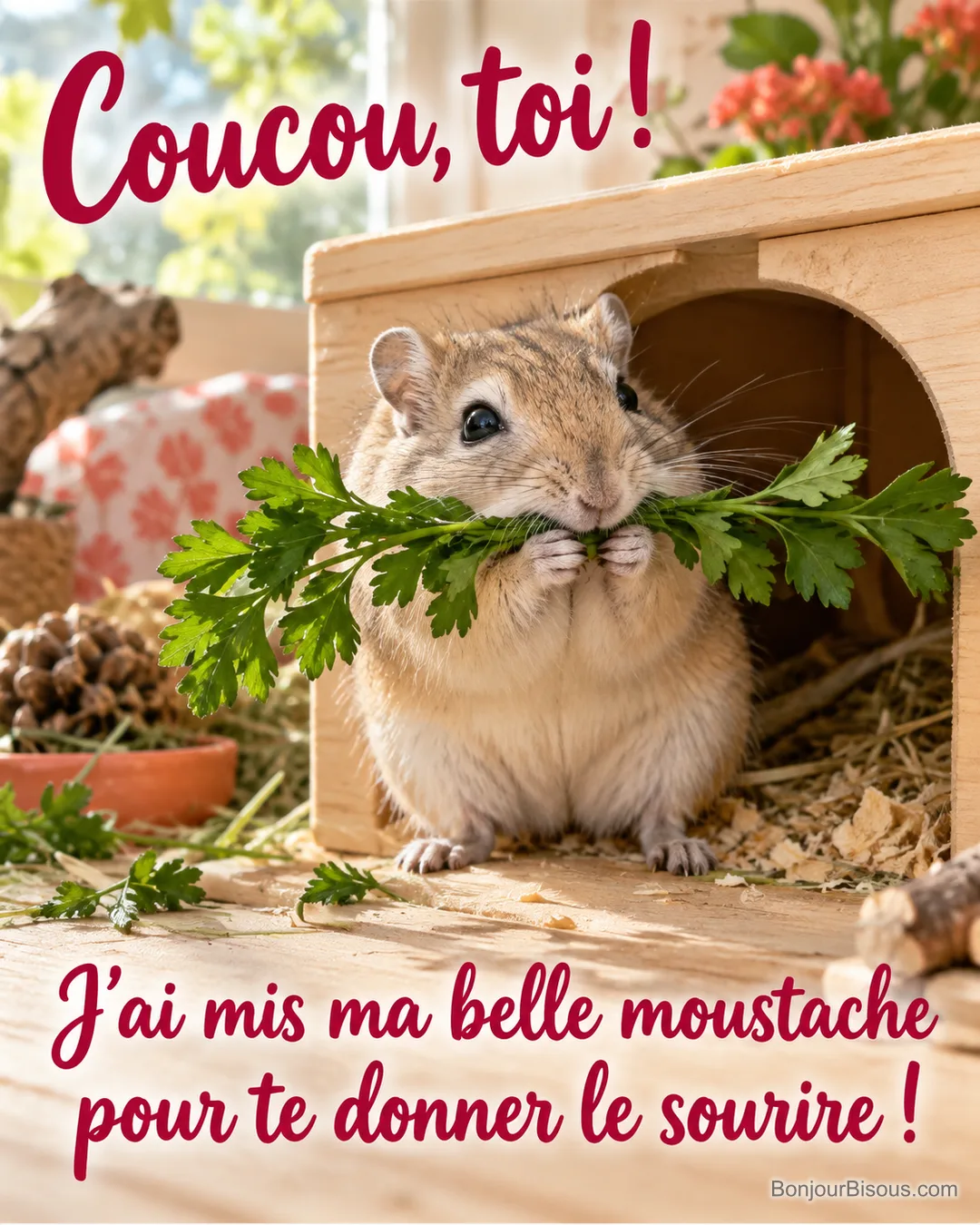 Une mérione persane tient un brin de persil comme une grande moustache, avec le texte « Coucou, toi ! J’ai mis ma belle moustache pour te donner le sourire ! ». Une mérione persane tient un brin de persil comme une grande moustache, avec le texte « Coucou, toi ! J’ai mis ma belle moustache pour te donner le sourire ! ».