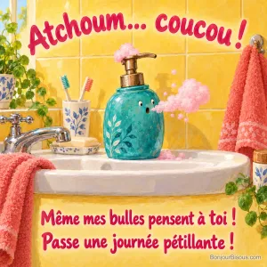 Un flacon turquoise éternue un petit nuage de mousse rose au-dessus d’un lavabo, avec le texte « Atchoum… coucou ! Même mes bulles pensent à toi ! Passe une journée pétillante ! ».