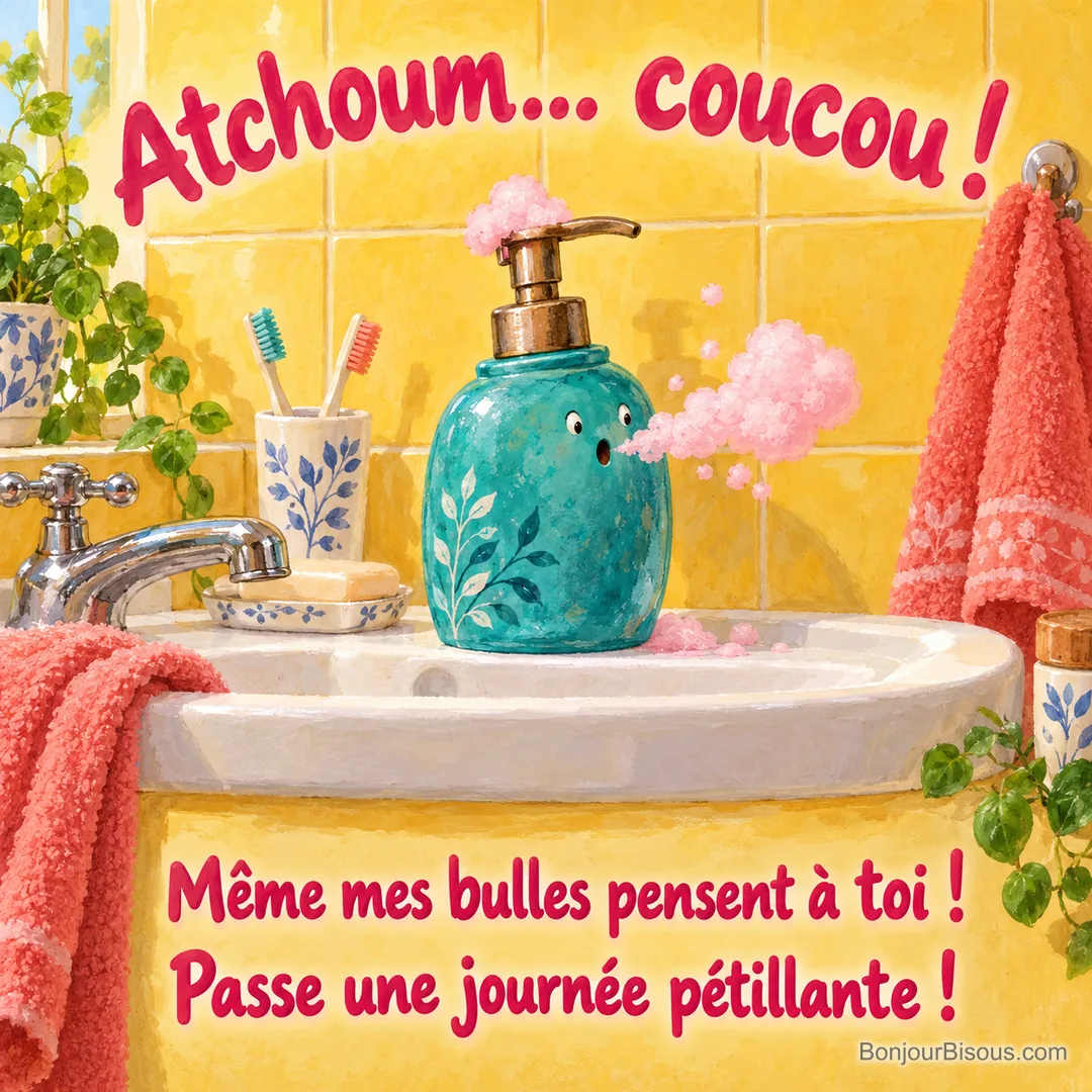 Un flacon turquoise éternue un petit nuage de mousse rose au-dessus d’un lavabo, avec le texte « Atchoum… coucou ! Même mes bulles pensent à toi ! Passe une journée pétillante ! ». Un flacon turquoise éternue un petit nuage de mousse rose au-dessus d’un lavabo, avec le texte « Atchoum… coucou ! Même mes bulles pensent à toi ! Passe une journée pétillante ! ».