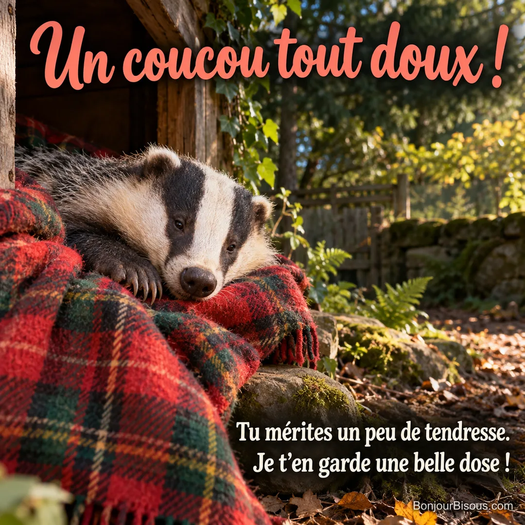Un jeune blaireau se blottit dans une couverture rouge et verte au seuil d’un abri, avec le texte « Un coucou tout doux ! Tu mérites un peu de tendresse. Je t’en garde une belle dose ! ». Un jeune blaireau se blottit dans une couverture rouge et verte au seuil d’un abri, avec le texte « Un coucou tout doux ! Tu mérites un peu de tendresse. Je t’en garde une belle dose ! ».