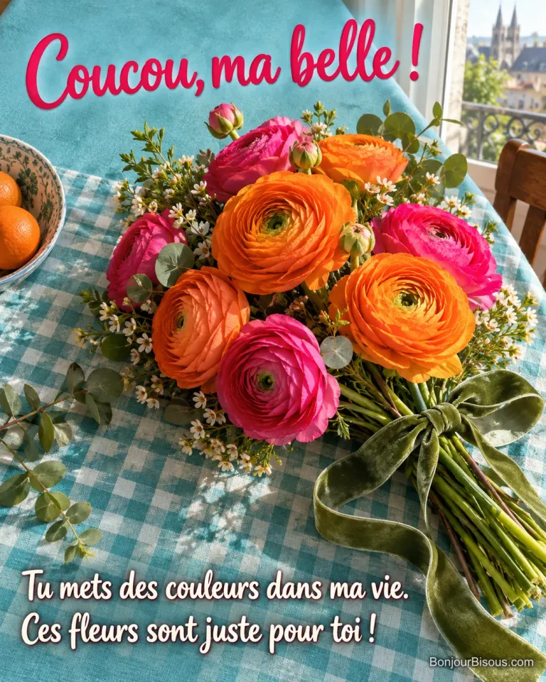Un bouquet de renoncules orange et fuchsia est noué d’un ruban vert sur une nappe turquoise, avec le texte « Coucou, ma belle ! Tu mets des couleurs dans ma vie. Ces fleurs sont juste pour toi ! ».