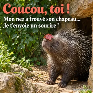 Un porc-épic porte une feuille rouge sur le museau au seuil de son abri, avec le texte « Coucou, toi ! Mon nez a trouvé son chapeau… Je t’envoie un sourire ! ».