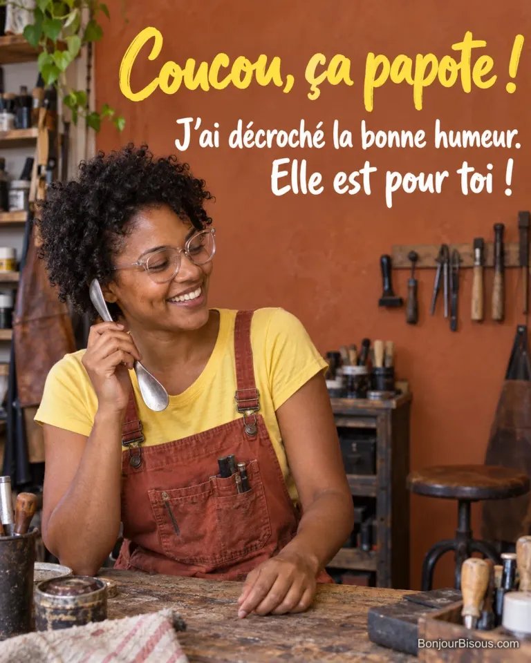 Une cordonnière joue à téléphoner avec un chausse-pied dans son atelier, avec le texte « Coucou, ça papote ! J’ai décroché la bonne humeur. Elle est pour toi ! ».