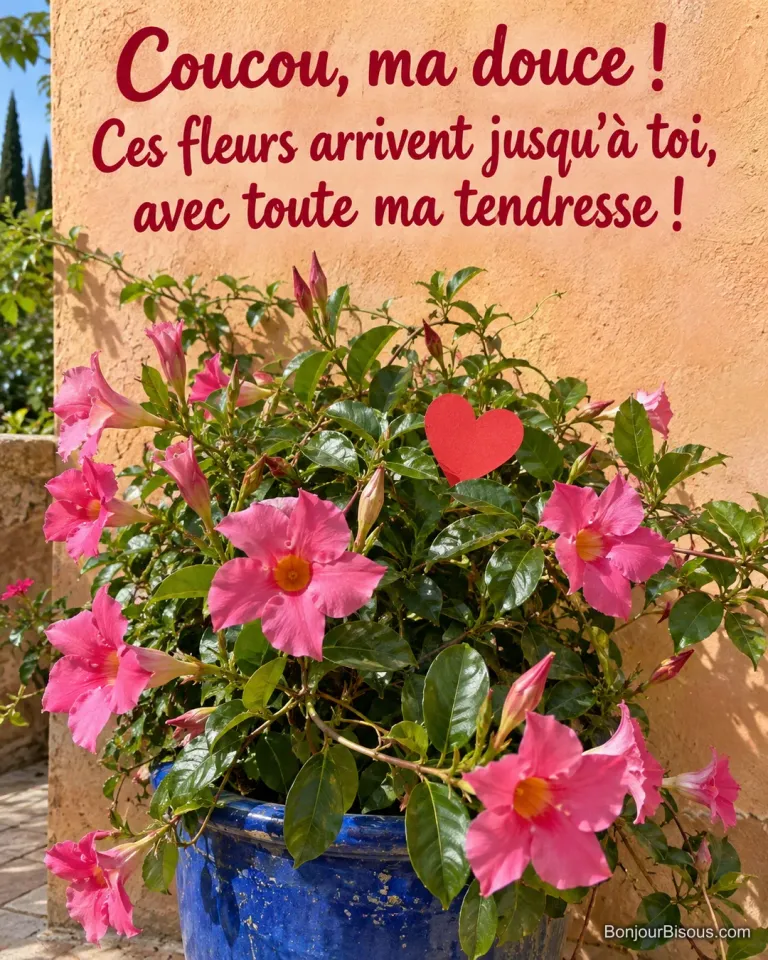 Un dipladénia rose fleuri accueille un petit cœur rouge sur une terrasse ensoleillée, avec le texte « Coucou, ma douce ! Ces fleurs arrivent jusqu’à toi, avec toute ma tendresse ! ».
