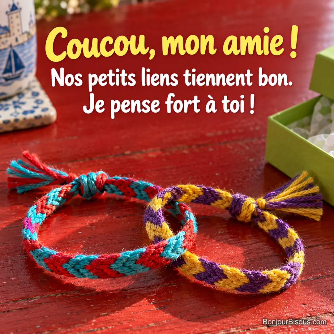 Deux bracelets brésiliens colorés sont entrelacés près d’une boîte cadeau ouverte, avec le texte « Coucou, mon amie ! Nos petits liens tiennent bon. Je pense fort à toi ! ».