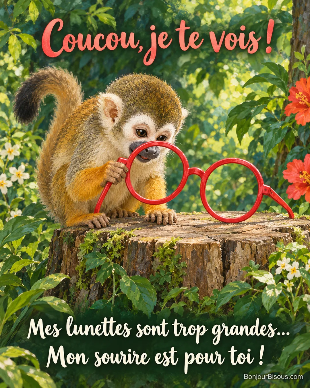 Un petit saïmiri passe le nez dans une paire de lunettes rouges démesurées, sans verres, avec le texte « Coucou, je te vois ! Mes lunettes sont trop grandes… Mon sourire est pour toi ! ».