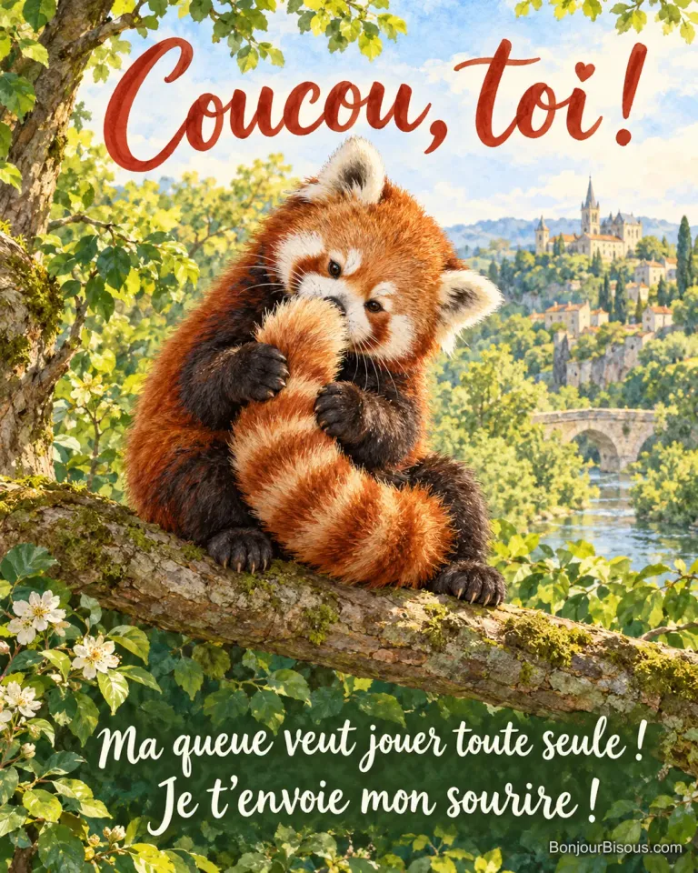 Un jeune panda roux essaie d’attraper sa propre queue touffue qui lui chatouille le nez. Le message est : « Coucou, toi ! Ma queue veut jouer toute seule ! Je t’envoie mon sourire ! ».