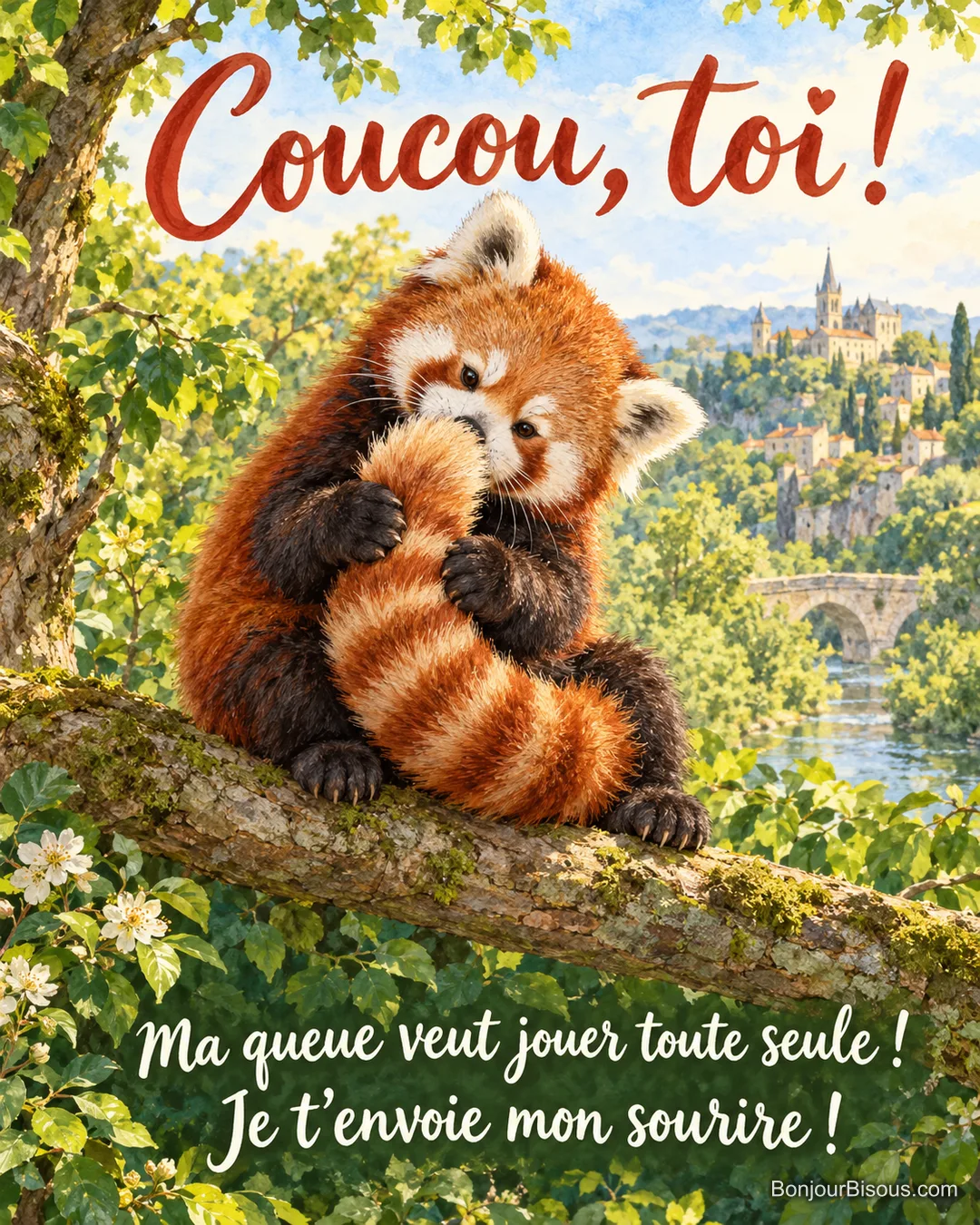 Un jeune panda roux essaie d’attraper sa propre queue touffue qui lui chatouille le nez. Le message est : « Coucou, toi ! Ma queue veut jouer toute seule ! Je t’envoie mon sourire ! ».