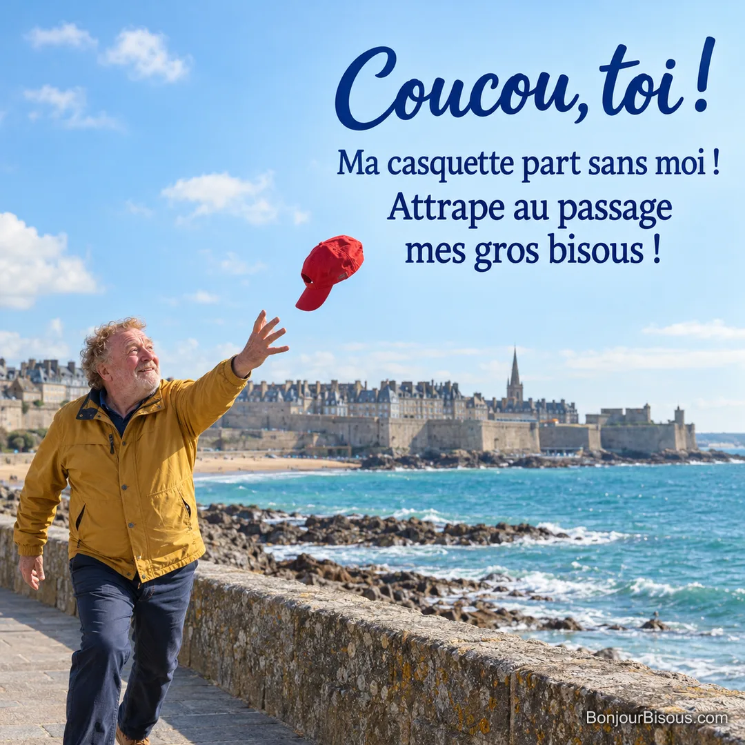 Un homme rattrape sa casquette rouge emportée par une brise sur une promenade de bord de mer. Le message est : « Coucou, toi ! Ma casquette part sans moi ! Attrape au passage mes gros bisous ! ». Un homme rattrape sa casquette rouge emportée par une brise sur une promenade de bord de mer. Le message est : « Coucou, toi ! Ma casquette part sans moi ! Attrape au passage mes gros bisous ! ».