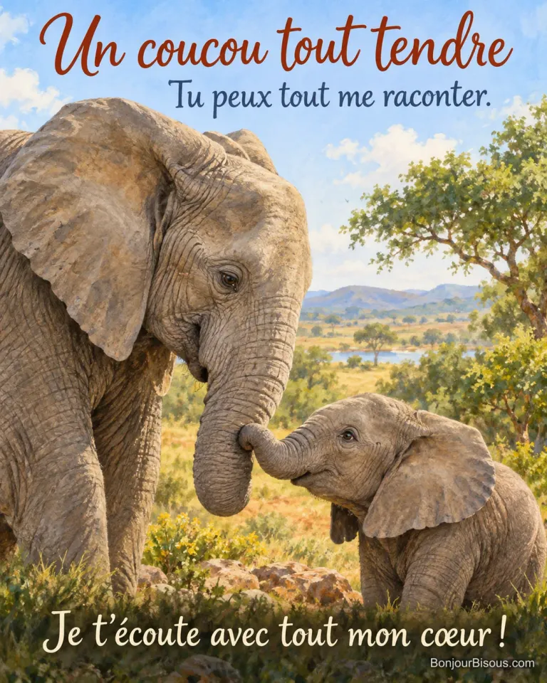 Une mère éléphant incline son oreille vers son petit qui vient doucement toucher sa trompe. Le message est : « Un coucou tout tendre Tu peux tout me raconter. Je t’écoute avec tout mon cœur ! ».