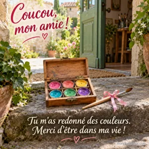 Une boîte d’aquarelles artisanale ouverte et un pinceau noué d’un ruban rose forment un tendre présent de gratitude. Le message est : « Coucou, mon amie ! Tu m’as redonné des couleurs. Merci d’être dans ma vie ! ».