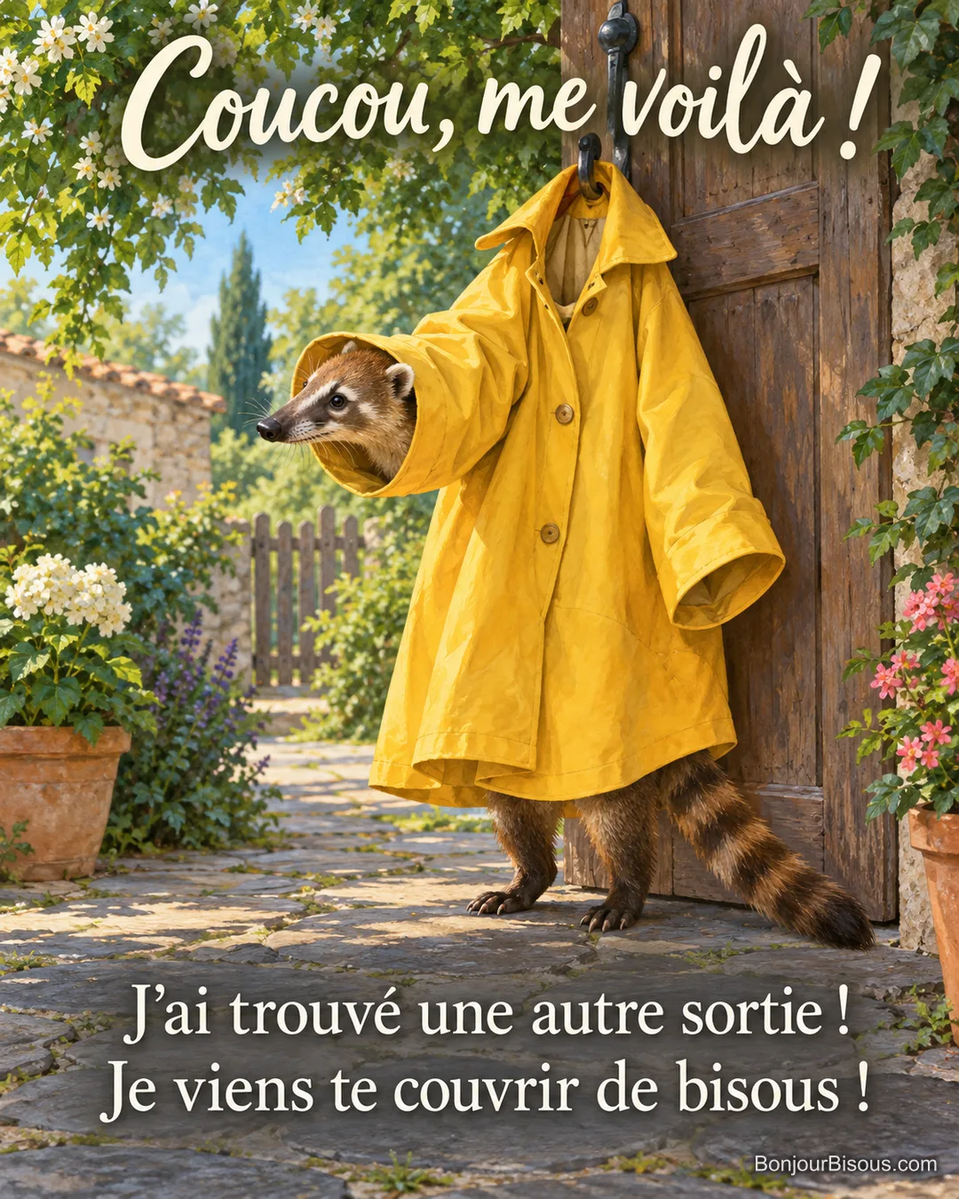Un coati fait passer sa tête par la manche d’un ciré jaune suspendu dans une cour arborée. Le message est : « Coucou, me voilà ! J’ai trouvé une autre sortie ! Je viens te couvrir de bisous ! ». Un coati fait passer sa tête par la manche d’un ciré jaune suspendu dans une cour arborée. Le message est : « Coucou, me voilà ! J’ai trouvé une autre sortie ! Je viens te couvrir de bisous ! ».