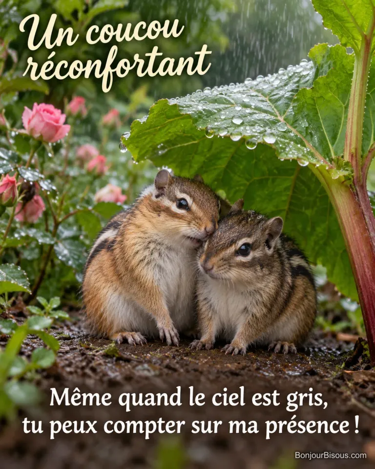 Deux tamias se serrent à l’abri de la pluie sous une large feuille de rhubarbe. Le message est : « Un coucou réconfortant Même quand le ciel est gris, tu peux compter sur ma présence ! ».