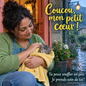 Une jeune femme sèche avec une serviette jaune un chaton tigré recueilli sous la pluie au seuil de sa maison. Le message est : « Coucou, mon petit cœur ! Tu peux souffler un peu. Je prends soin de toi ! ».