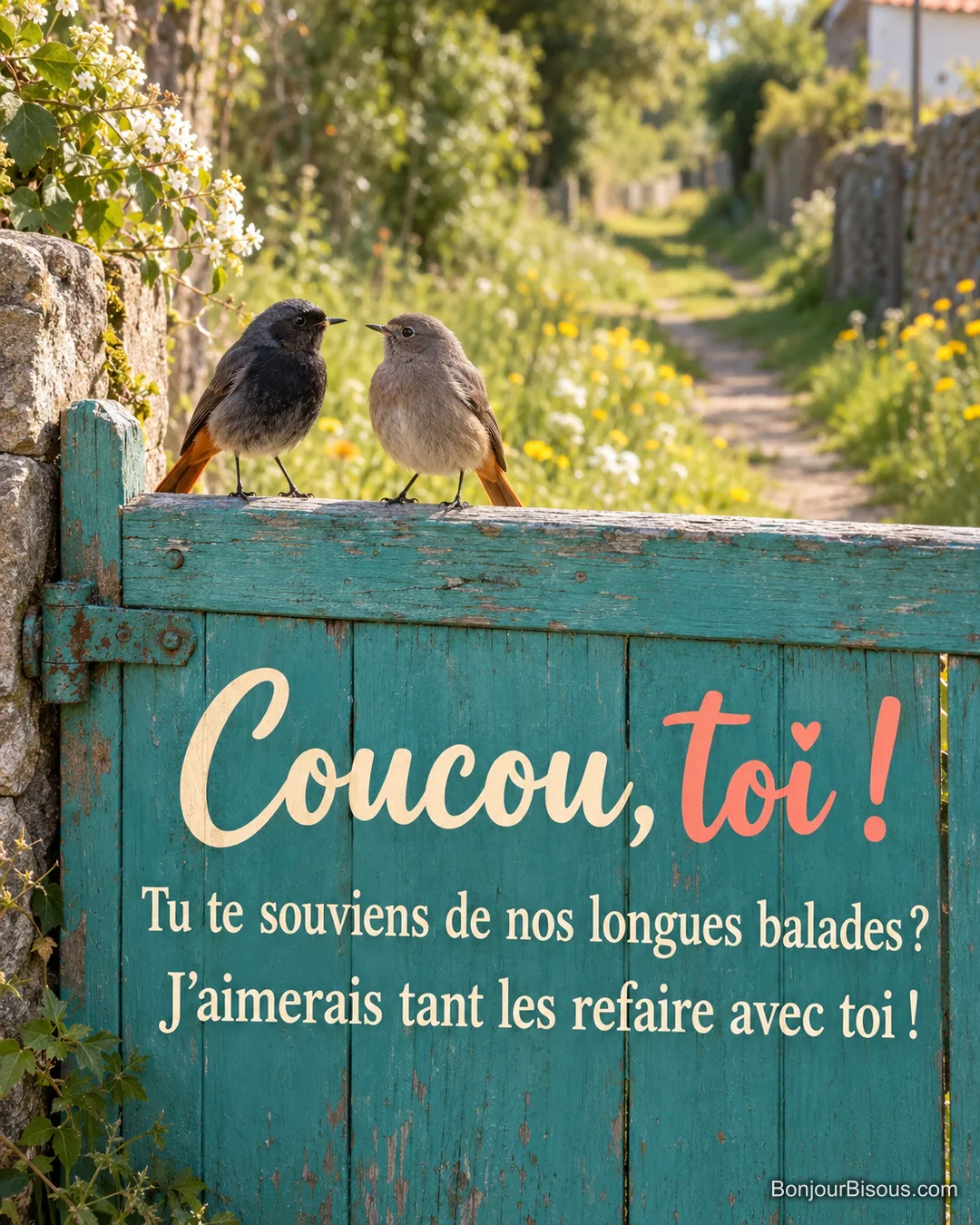 Deux rougequeues noirs distincts se retrouvent sur le petit portillon d’un chemin de campagne. Le message est : « Coucou, toi ! Tu te souviens de nos longues balades ? J’aimerais tant les refaire avec toi ! ».