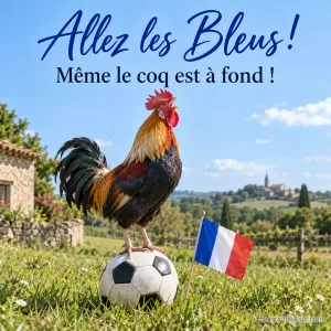 Photo d’un coq qui chante, perché sur un ballon de football dans un pré fleuri, à côté d’un petit drapeau tricolore, village au loin, avec le texte « Allez les Bleus ! Même le coq est à fond ! »