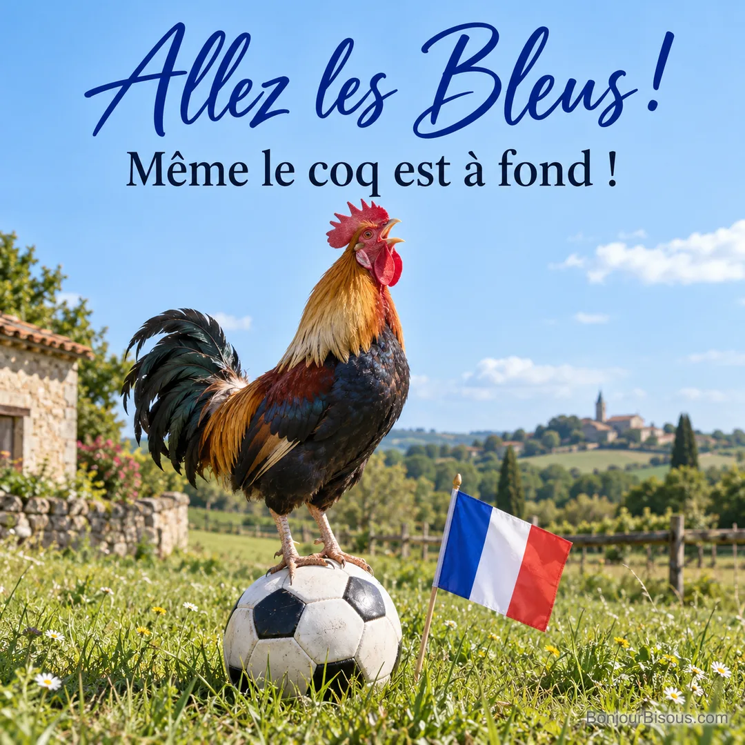 Photo d’un coq qui chante, perché sur un ballon de football dans un pré fleuri, à côté d’un petit drapeau tricolore, village au loin, avec le texte « Allez les Bleus ! Même le coq est à fond ! » Photo d’un coq qui chante, perché sur un ballon de football dans un pré fleuri, à côté d’un petit drapeau tricolore, village au loin, avec le texte « Allez les Bleus ! Même le coq est à fond ! »