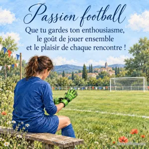 Une gardienne amateur ajuste ses gants au bord d’un terrain décoré de fanions, avec le message « Passion football Que tu gardes ton enthousiasme, le goût de jouer ensemble et le plaisir de chaque rencontre ! ».